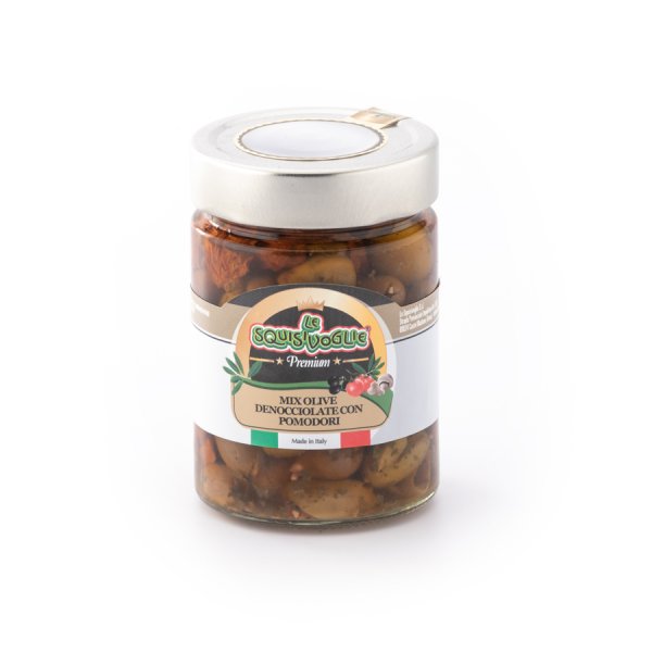 Mix di olive verdi e nere denocciolate con pomodori secchi in olio di semi di girasole ed olio EVO confezionate in vaso di vetro linea PREMIUM peso totale 320g - 190g sgocc.