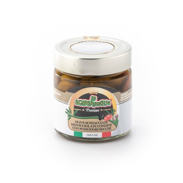 Mix di olive schiacciate denocciolate con pomodori secchi in olio di semi di girasole ed olio EVO confezionati in vaso di vetro linea PREMIUM peso totale 210g - 120g sgocc.
