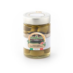 Olive verdi Bella di Cerignola in salamoia confezionate in vaso di vetro linea PREMIUM peso totale 330g - 180g sgocc.