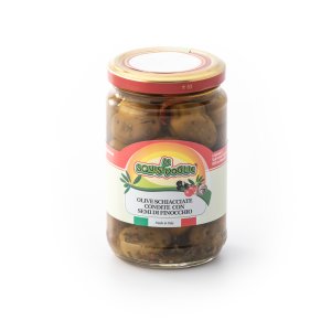 Olive verdi schiacciate condite con semi di finocchio in olio di semi di girasole confezionate in vaso di vetro linea STANDARD peso totale 290g - 180g sgocc. 